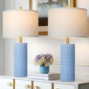 Cinyirong 27" Blue Ceramic Lamps Set of 2, Coastal Ceramic Table Lamps for Living Room with Rotary Switch, Classic Bedside Lamp for Nightstand, Tall Lamps for Bedroom Side End Table Home Decor