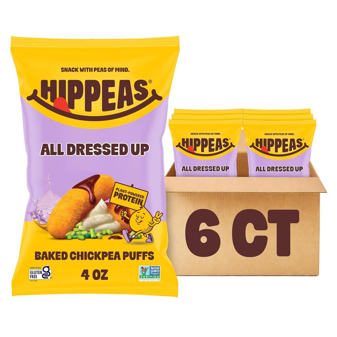 Hippeas Chickpea Puffs, All Dressed Up, 6pc x 4 oz Bags, Baked Crunchy Chickpea Snacks with 4g Plant Protein, 3g Fiber & 50% Less Fat, Dairy & Gluten Free, Non-GMO, Top 9 Allergen Free (EXP 08/09/26)