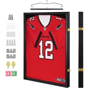 Egofine Jersey Frame Display Case 32''x24'' Wood Large Frame, Jersey Shadow Box Covered by Acrylic with Hangers Wall Mounting Jersey Frame for Basketball, Baseball, Football, Hockey Sport Shirt, Black