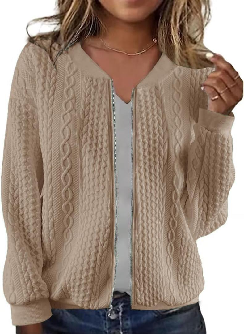 Women's Zip up Sweatshirt Jacket Stand Collar Hoodless Outerwear Casual Coat with Pockets (X-Large, Apricot)