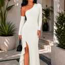 ENOPINK Women's One Shoulder Long Sleeve Formal Cocktail Wedding Guest Maxi Dresses Sexy High Slit Bodycon Evening Gowns (M)