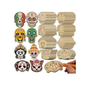 64 Sets Day of The Dead Skull Crafts Unfinished Wooden Sugar Skull Ornaments Make Your Own Mexican Fiesta Blank Cutout Dia De Los Muertos Hanging Slices Tree Decorations