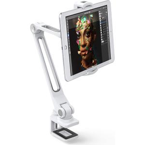 AboveTEK iPad Desk Mount, Multi-Angle Adjustable Tablet Clamp Holder, 360 Swivel Arm Aluminum Tablets Stand, Fits 4"-11" Tablet/Phone/iPad mini for Home Office Kitchen Bedside (White)