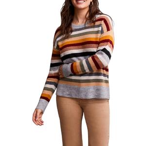 Tribal Women's Soft Yarn Striped Crew Neck Vibrant Multicolor Stripes Sweater, Orchid, XL