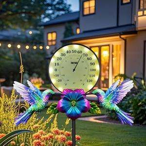Hummingbird 6.1-inch Solar Outdoor Thermometer Indoor Wall Metal Decorative Lights for Garden,Patio,Lawn,Yard,Garage