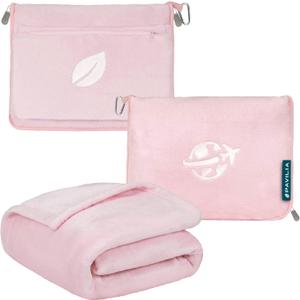 PAVILIA Travel Blanket and Pillow, Arms Opening Airplane Blankets for Adults, Compact Plane Blanket with Arm Hole 2-in-1 Bag for Flight Car Camping Fit in Luggage Backpack Traveler Gift, Pink (65 x 40 inches)