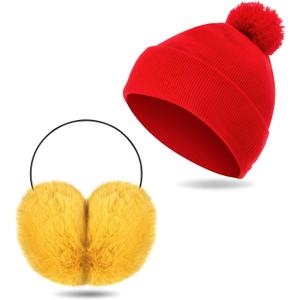 Toulite 2 Pcs Christmas Adult Knit Beanie Unisex Ear Muffs Set Winter Red Warm Snug Knit Hat Yellow Ear Warmers Cute Faux Fur Ear Covers Headband For Men Women Cosplay Parties Outdoor Gifts