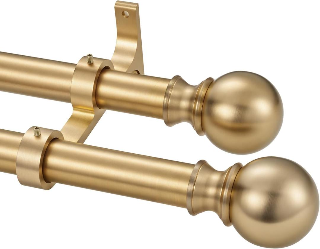 Double Window Curtain Rods, 1Inch Back and Front Rod, 72-144 Adjustable Length, With Same Size Round Finials Dual Curtain Rod, Warm Gold