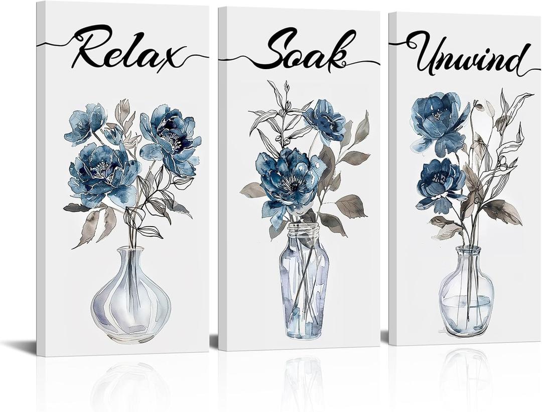 HOMEOART Bathroom Art Relax Soak Unwind Sign Bathroom Decor Flower Painting Framed Canvas Artwork Farmhouse Laundry Room Decor, 6x12inch 3 Pieces (Blue)