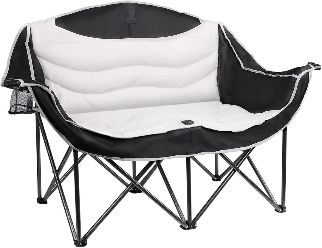 Double Camping Chair 2 Person Oversized Heavy Duty Padded Outdoor Folding Loveseat with Dual Cup Holders for Lawn Beach, Large