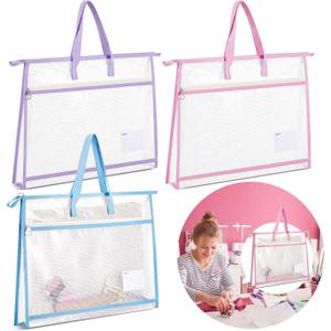 3 Pcs 17.713 Inch Project Bag for Quilting Sewing Craft Storage for Quilter A3 Clear Mesh Design Art Supply Bag Artwork Storage Organize for Artwork Charts and Teaching Material Multipurpose