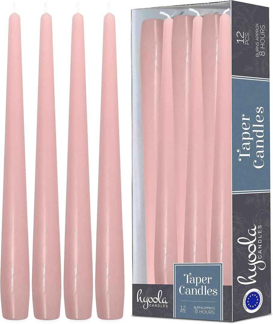 Hyoola Tall Taper Candles - 10 Inch Light Pink Unscented Dripless Taper Candles - 8 Hour Burn Time - 12 Pack