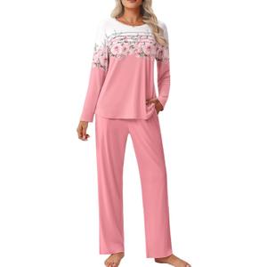 Ekouaer Womens Pajama Sets Pleated Tops with Long Pants Lounge Set Long Sleeve Fall Sleepwear Ladies Pjs XL, Pink Floral