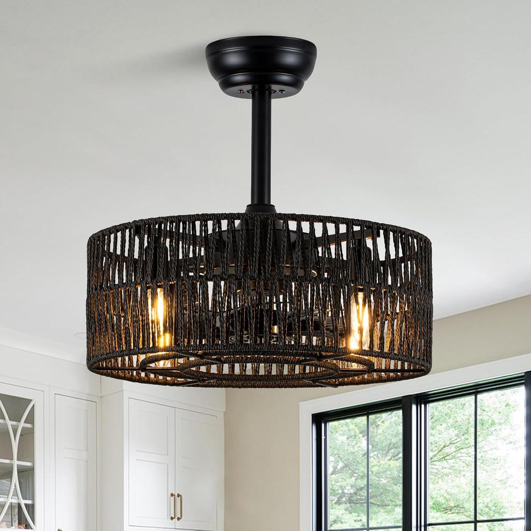 Boho Black Caged Ceiling Fan with Lights, Rattan Ceiling Fan Lighting with Remote Control 6 speeds, 3 Timing for Living Room Bedroom Dining Room Kitchen, 18 inch