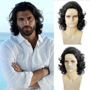 Long Hair Wig for Men Men's Black Wig Natural Wavy Curly 70s 80s Rocker Cosplay Synthetic Wigs for Male King Halloween Accessory(Black)