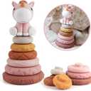 Nueplay 7 Pcs Stacking & Nesting Baby Toys, Squeeze Teething Toys and Building Circle with Pink Horse Figure, Newborn Essentials for 6 12 18 Months Toddler Girls