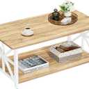 GreenForest Coffee Table with Round Corner, Farmhouse Center Table with 2-Tier Storage Shelf X-Frame Design for Living Room, 39 inch Oak
