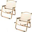 2 Pack Folding Camping Chair, Portable Outdoor Camp Chairs Steel Frame Beach Chair with Wooden Handle for Picnic Camping Hiking and Fishing Khaki