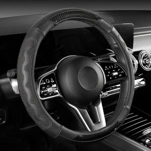 SEG Direct Car Steering Wheel Cover Small Size for Prius Civic Model 3 Model Y Camaro Rogue with 14"-14 1/4" Embossed Microfiber Leather with Carbon Fiber Pattern Black