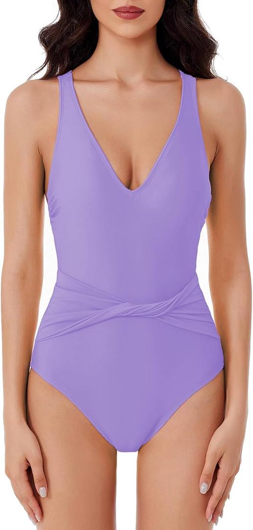 BCA by Rebecca Virtue Women's Standard Tori One Piece Swimsuit, Plunge Neck, Twist-Front Waist, Bathing Suits (Lilac, Small)