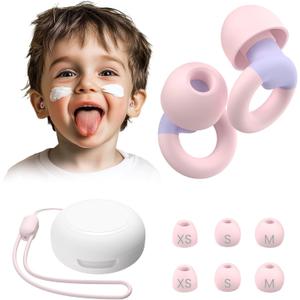 Kids Ear Plugs(6+yrs)-2 Pairs of Reusable Noise Reduction Earplugs for Small Canal With 6 Tips,Soft Silicone Earplugs for Sleeping,Focus,Travel,Socializing,Concert&Hearing Protection 25dB-30dB (1 pair (Pack of 1), Pink+orchid)