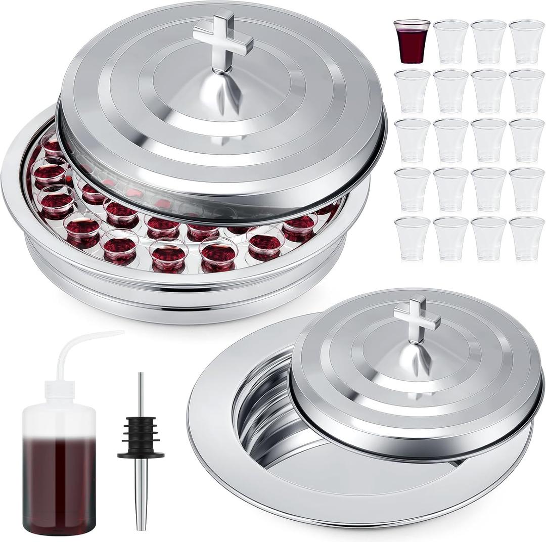 Zhehao 2 Pcs Communion Set Holy Trays for Churches with Lid Communion Plates with Lid Churches Cups Filler and Disposable Cups Supplies (Silver)