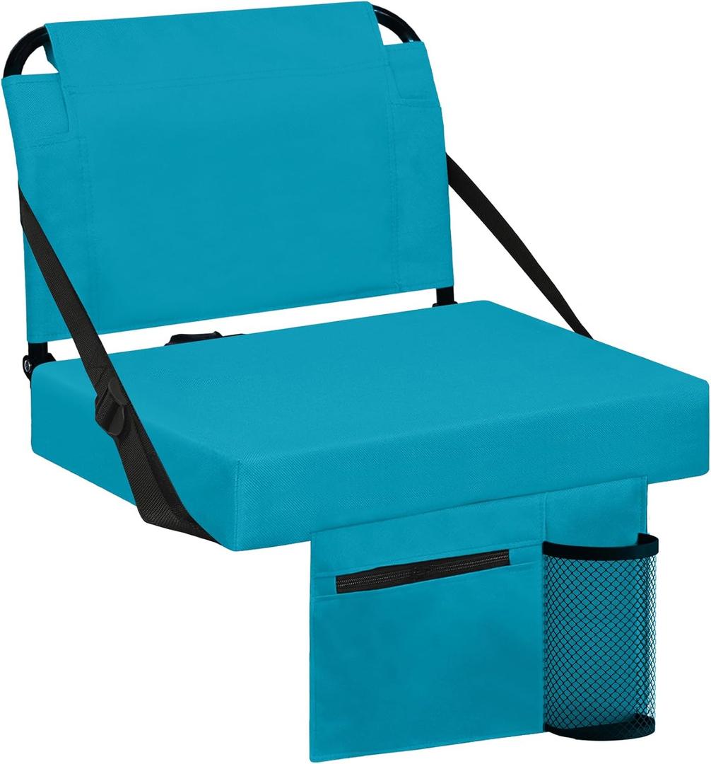 Stadium Seats for Bleachers with Back Support Bleacher Seat Soft Cushion Light Weight Includes Shoulder Strap & Cup Holder, Front & Back Zipper Pocket, Suitable for Sports Events,Cyan