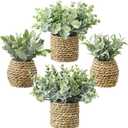 Small Fake Potted Plants: 7 Inches Artificial Plants with Seagrass Handwoven Planters, Indoor Farmhouse Decorations, Eucalyptus Plant for Home Bathroom Office Shelf Tabletop Desk Room Decor or Gift (Straw)