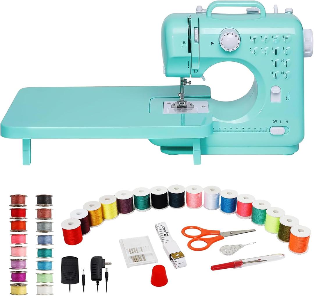 Sewing Machine for Beginners with Extension Table, Mini Electric Portable Sewing Machine with 12 Stitches LED Light and Accessories Kit for Home DIY Sew Project Cyan