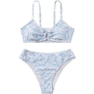 OYOANGLE Girl's 2 Piece Ditsy Floral Bikini Swimsuit Ring Linked Ruched Bathing Suit Size M