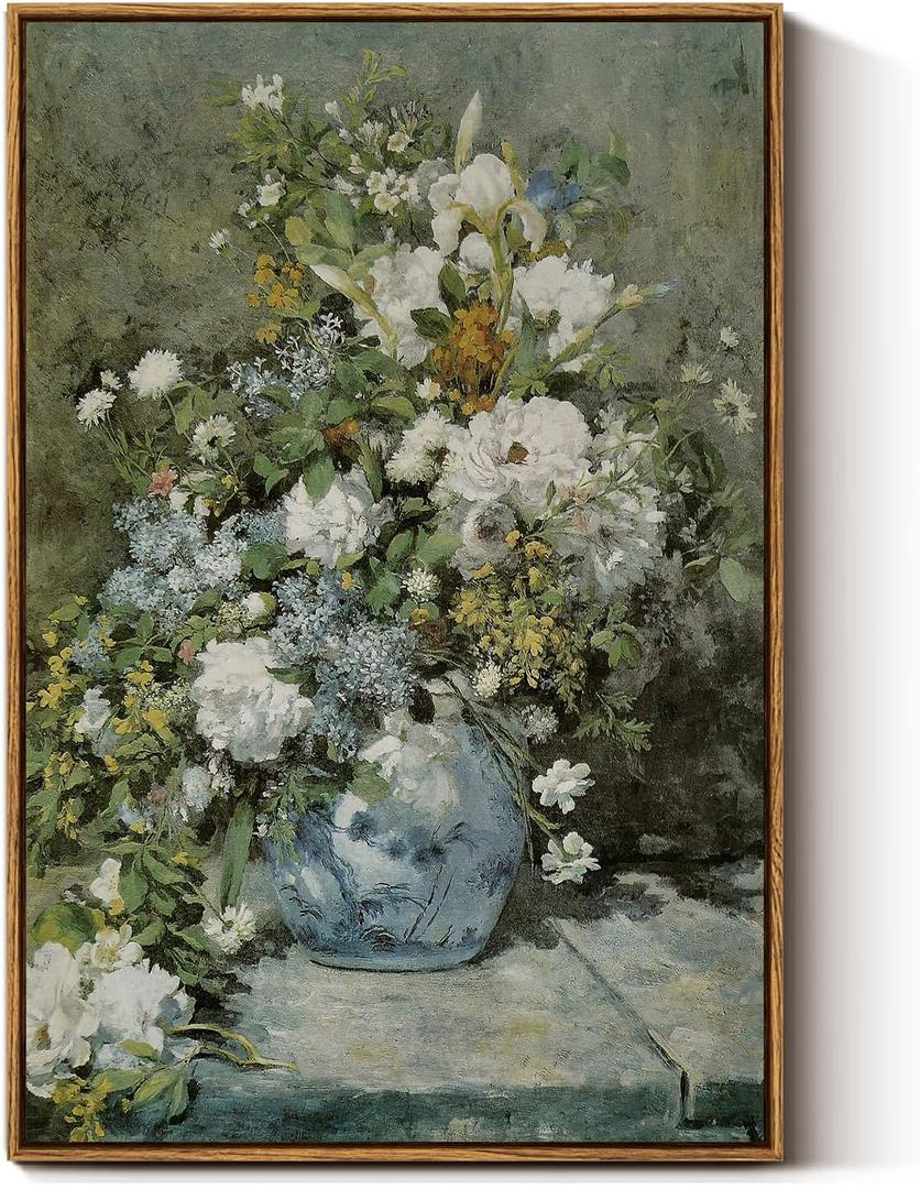 ARPEOTCY Floral Framed Canvas Print Wall Decor, Vintage French Flower Large Wall Art Home Decor, Ceramic Vase Floral Oil Painting for Living Room, Office Decoration, 20x30 inch