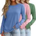 Huukeay 3 Pack Women's Long Sleeve Shirts with Thumb Holes, Cotton Casual Crew Neck Tunic Tops Fall Loose Y2k Trendy Outfits (X-Large, Sky Blue, Light Pink, Light Green)