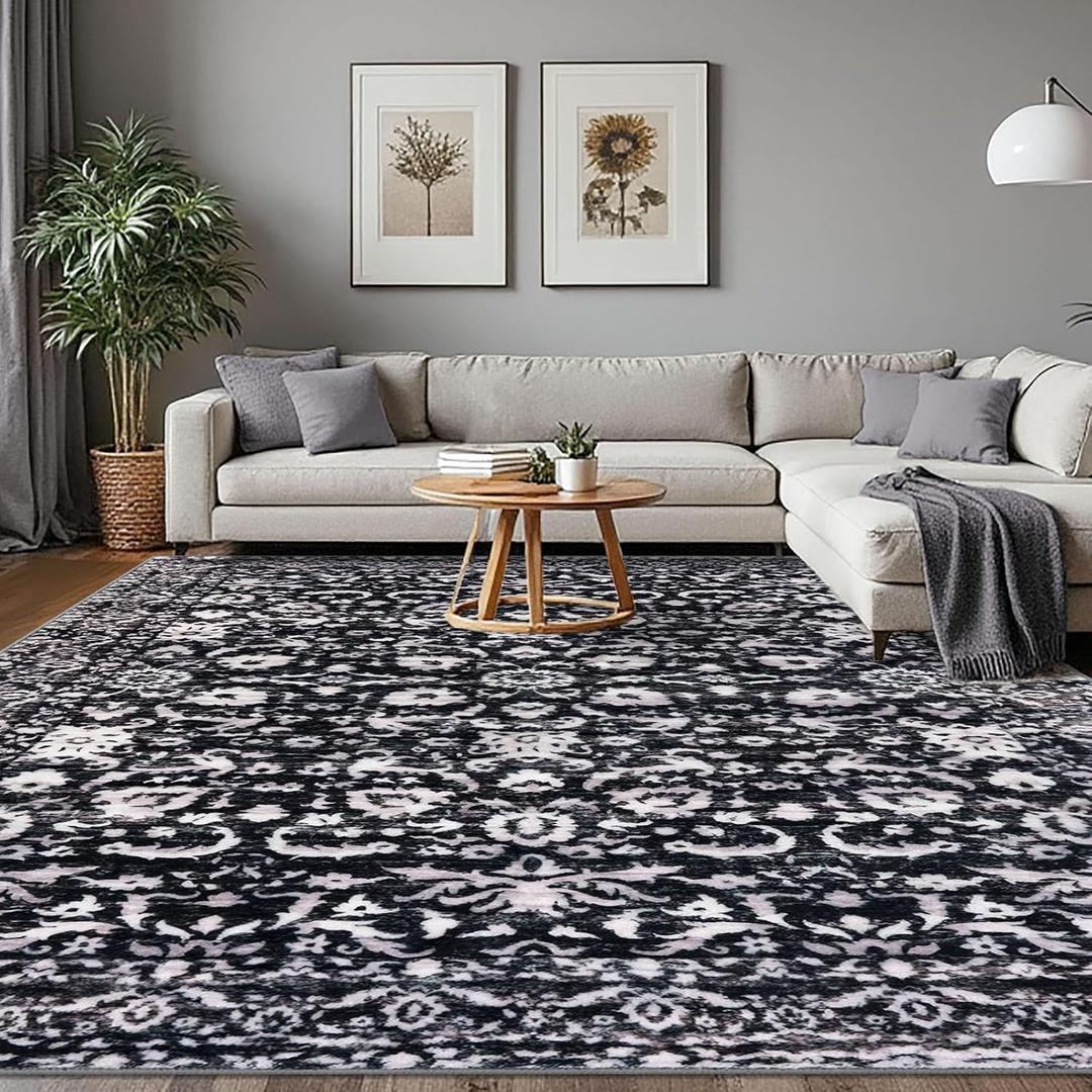 8x10 Area Rugs for Living Room, Black and White Vintage Floral Washable Large Area Rug, Boho Non-Slip Foldable Rugs Accent Super Soft Thin Printed Faux Wool Indoor Rug for Bedroom Dining Room