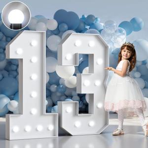 Marquee Numbers 4 Feet Tall Big Light Up Numbers 13th Happy Birthday Decorations Girl Boy White Anniversary Party Decor Large Cardboard Prop Backdrop Sign 13