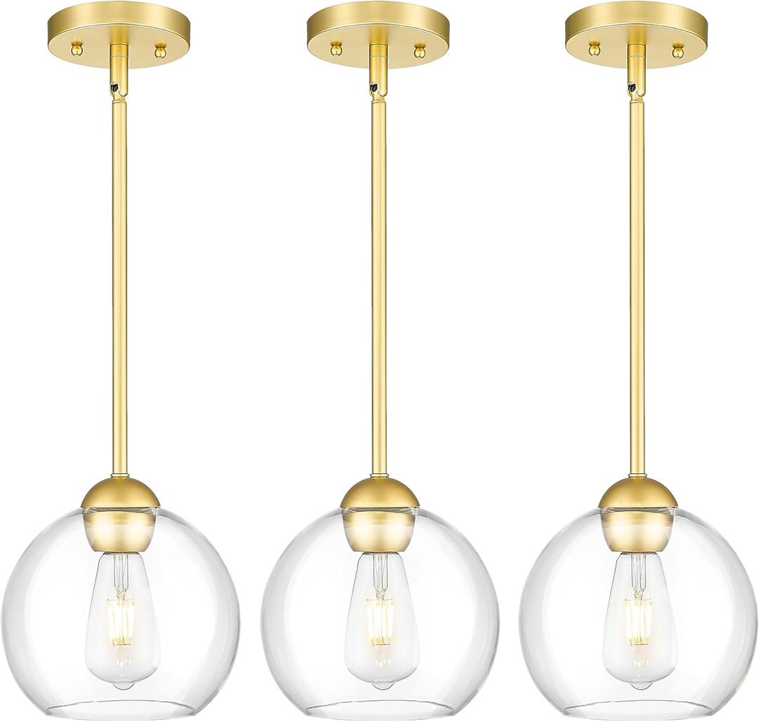 Emak Pack of 3 Pendant Lights Kitchen Island, Gold Pendant Light Fixtures with Clear Glass Shade, Modern 8 Inch Globe Hanging Lights for Kitchen, Bedroom, Bar, PL121-GD-3PK