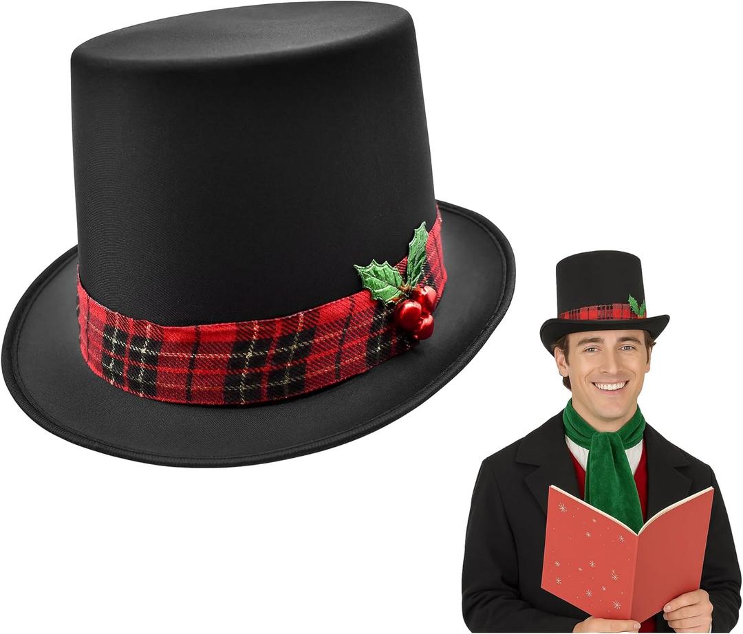 Nicky Bigs Novelties Black Christmas Top Hat, Snowman Hat for Men With Plaid Band & Berries, Pilgrim Hats, Victorian TopHat For Adults, Ugly Christmas Sweater Costume Black TopHat, One Size Fits All
