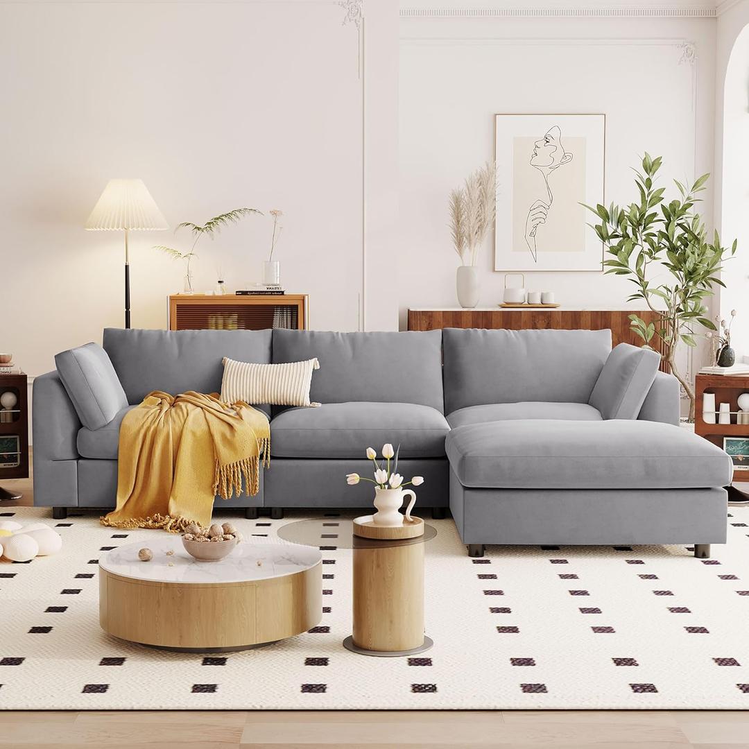 Deep Seat Convertible Sectional Sofa with Movable Ottoman, Comfy Polyester Blend Upholstery Corner Couch with Throw Pillows, 3-Seater L Shaped Sofa&Couches for Living Room Furniture Set