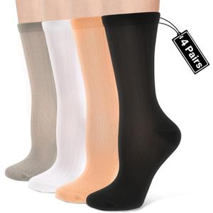 Compression Crew Socks for Women Thin Lightweight (15-20 mmHg) for Athletic Nurse Circulation Support Socks, 4 Pairs (Large-X-Large, 01- Black/White/Grey/Pastel Orange)