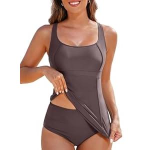 Aleumdr Women's Tankini Bathing Suit Athletic Two Piece Bathing Suit Racerback Swim Tank Top with Bottom Sporty Swimwear Dark Brown Medium