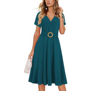 Women's Elegant Criss-Cross V Neck Vintage Short Sleeve Work Casual Fit and Flare Tea Dress with Pockets 980 (Large)