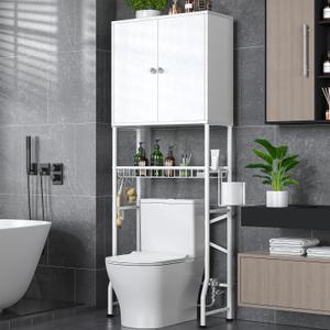 Over The Toilet Storage Cabinet - 2-Door Design Bathroom Organizers Shelf, Freestanding Space-Saver Above Toilet Storage Cabinet with Privacy Protection Rack, Water-Resistant Toilet Shelves (White), Large
