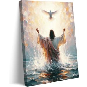 Jesus Baptism Canvas Wall Art Jesus And The Dove Picture Wall Decor Holy Spirit Christian Faith Poster Print Painting for Living Room Bedroom Church Decoration Ready To Han