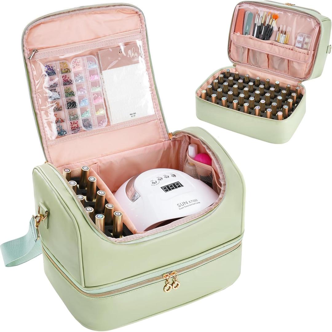 Uross Nail Polish Organizer Bag Holds 50 Bottles Nail Polish, Nail Lamp, Nail Supplies- Nail Organizers and Storage Case for Nail Tech, Nail Stuff Gel Kit Box Gift for Manicurist- Green