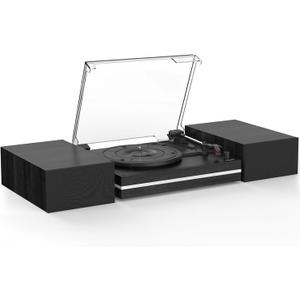 Vinyl Record Player with Dual Separate Stereo Speakers Vintage Turntable with BT Wireless Input Playback Belt Drive 3 Speed 3 Size Playback Record Player Support AUX Headphone Input RCA Out Auto Stop (Wood Black)