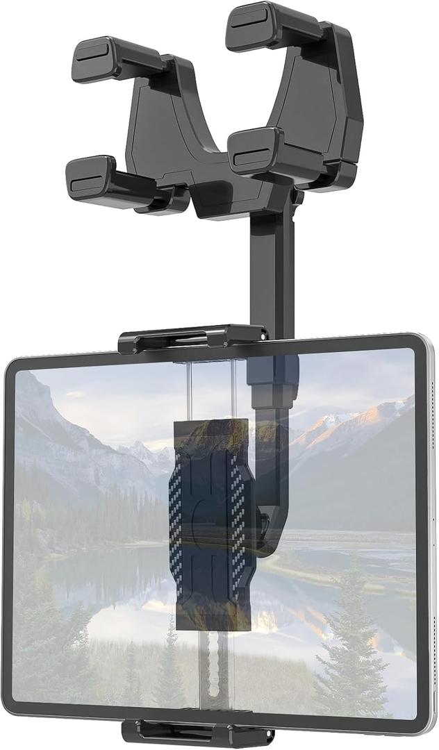 Rearview Mirror Tablet Holder for Car, [Rear View Mirror 4 Claws Design] 360 Rotatable and Retractable, Fit Thick Cases [Deep Max 1.18"] for iPad Pro Air Mini, Galaxy Tab, iPhone, 6-15.6" Devices