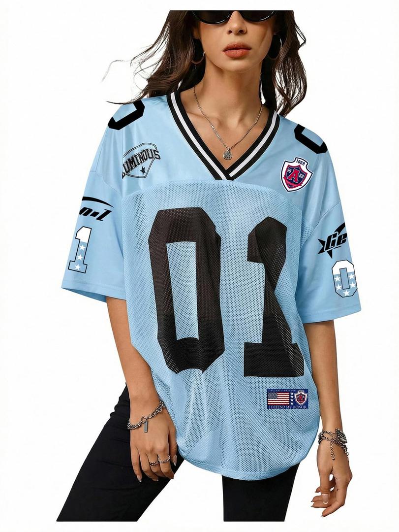 RoseSeek Women's Y2k Football Jersey Shirts V Neck Mesh Oversized Tshirts (Blue, S)