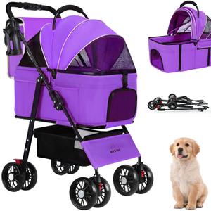 3 in 1 Pet Dog Stroller for Small Medium Dogs 10-50 lbs, Foldable Cat-Strollers for 2-Cats with Removable Carrier, Pet-Strollers for Cats with Storage Bag, Small Puppy-Stroller, Dog-Cart (Purple)