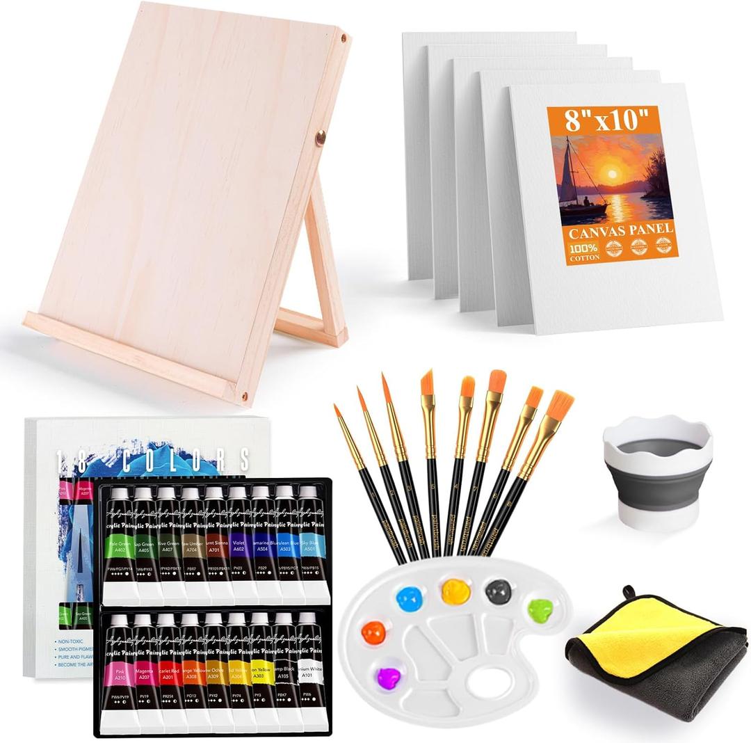 Paint Set, Acrylic Paint Set for Kids & Adults - Painting Supplies with 18 Acrylic Paints, 8 Painting Brushes, 5 Canvas Panels, etc