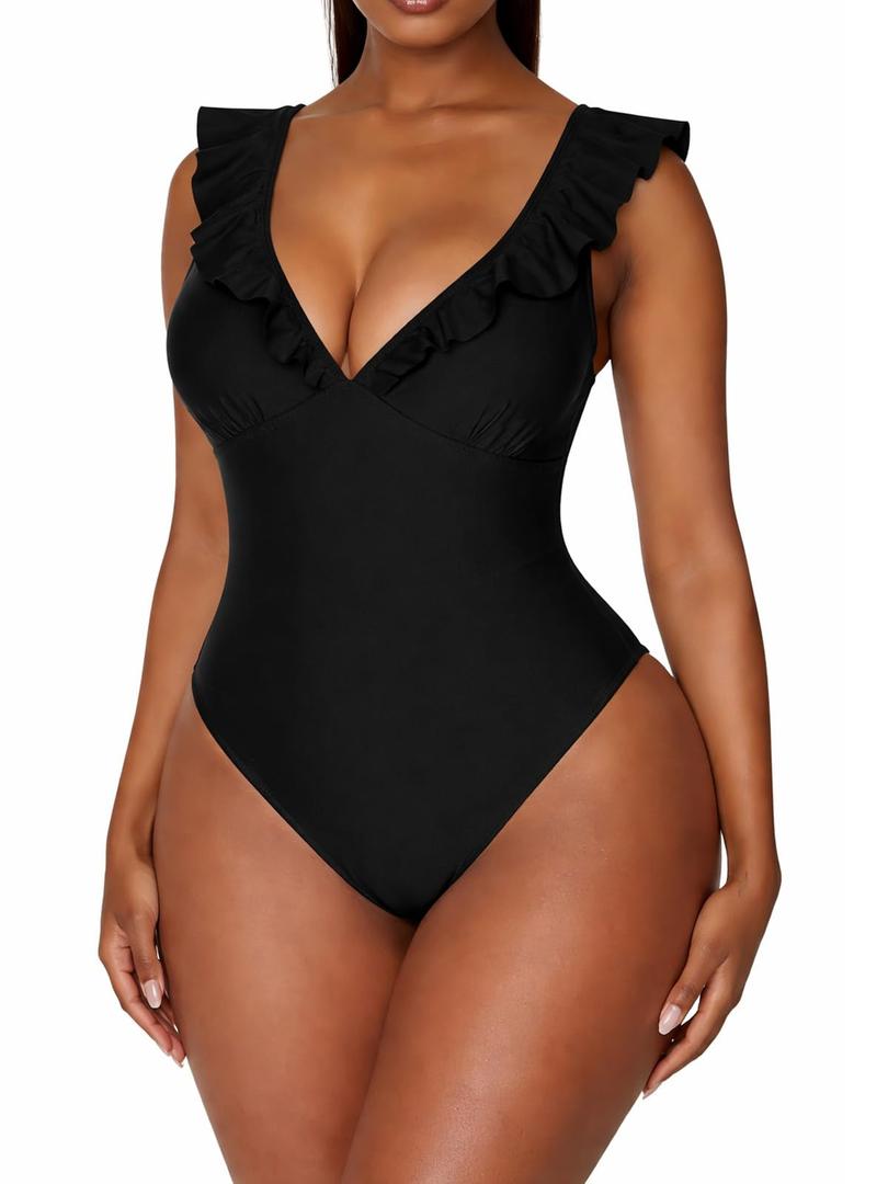 Ciryssa Ruffle One Piece Swimsuit for Women Tummy Control Deep V Black (Black)