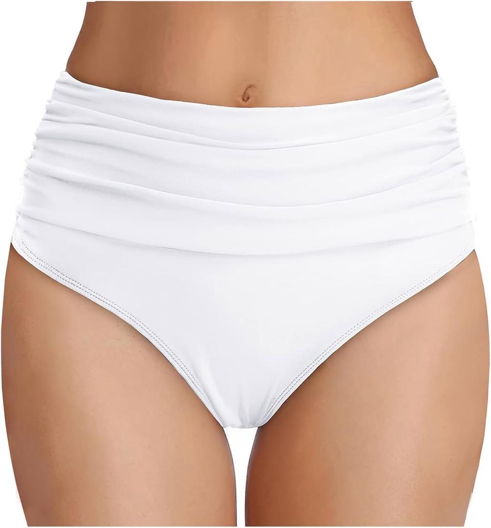Tempt Me Women's High Waisted Bikini Bottom Tummy Control Ruched Bathing Suit Swim Bottom (White) Medium